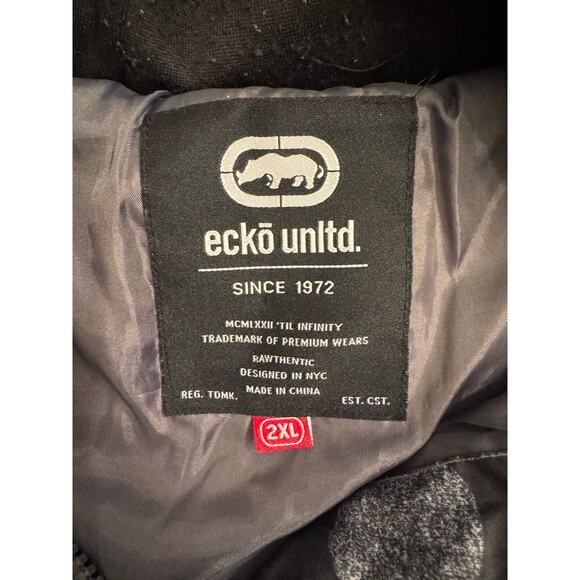 Men's Ecko Unltd Hooded Puffer Vest Full Zip Logo Text Print Gray Black Size 2XL - Picture 5 of 10